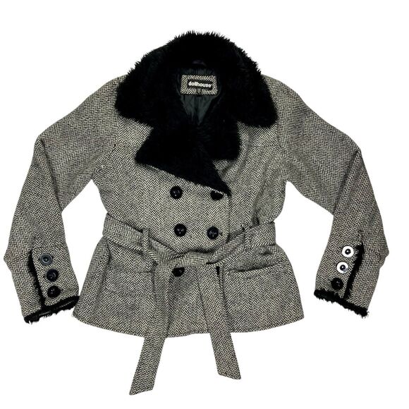 Dollhouse Tweed Wool Coat XL Faux Fur Collar & Cuffs Modern Chic Elegant Jacket - Picture 1 of 16